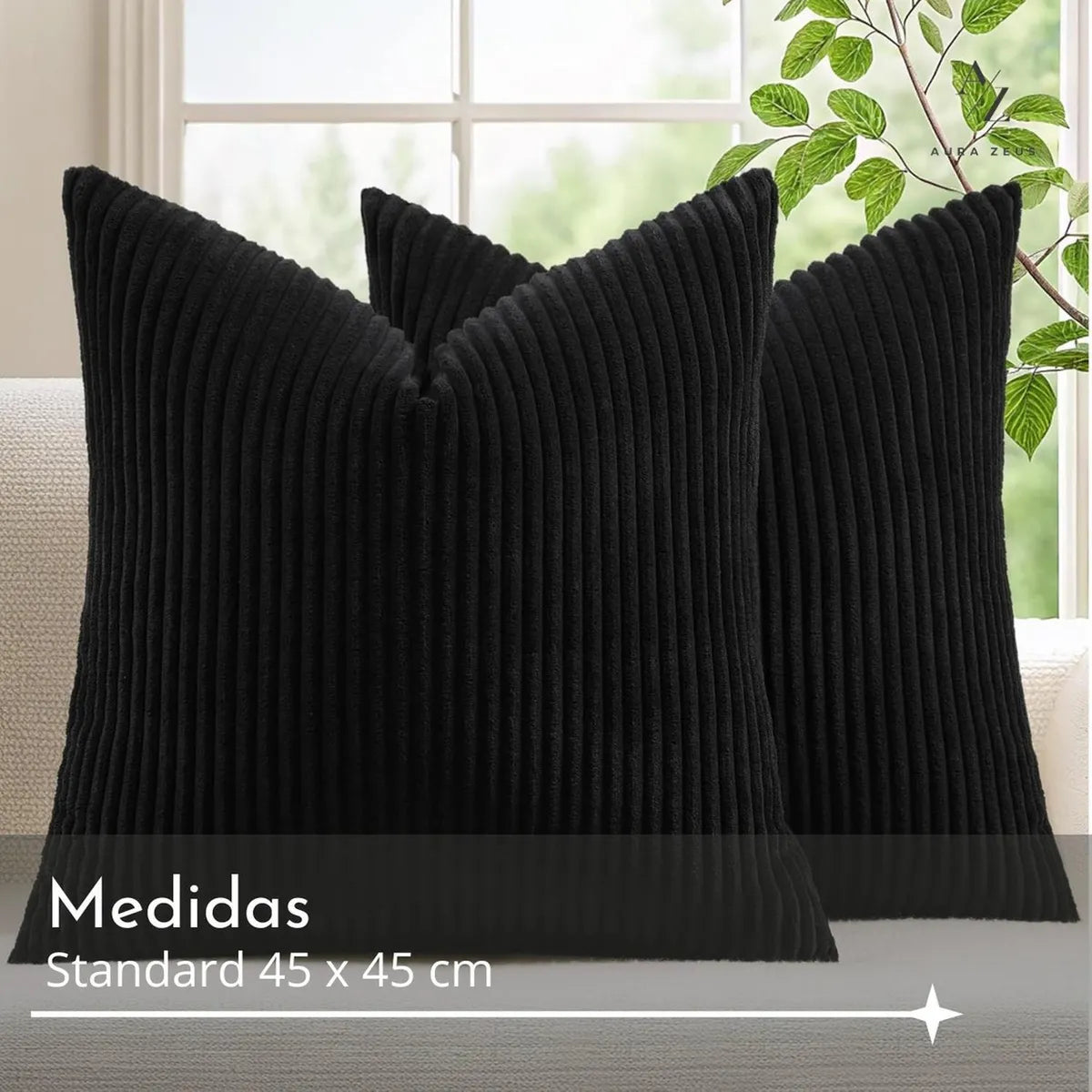 Set De 2 Fundas De Cojines Cama Sillon Suave Negra 45 X 45 Aura Zeus