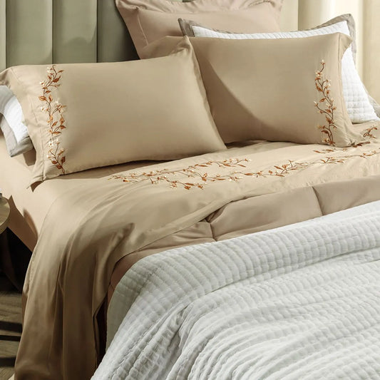 Juego de Cama Tamaño Queen de 300 Hilos con Bordado, 100 % algodón, Carmela