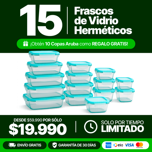Kit con 15 Frascos Herméticos de Vidrio + 10 Vasos de Vidrio Aruba [¡ÚLTIMAS UNIDADES EN STOCK!]