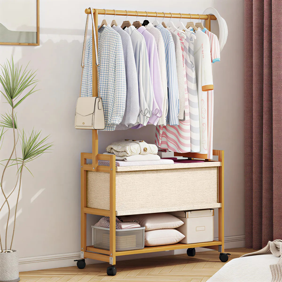 Organizador Perchero Con Rueda Gancho Canasto 70x160cm Madera