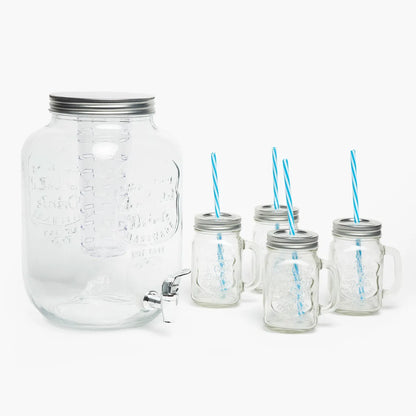 Set Dispensador Agua Mica 8 Litros con 4 Vasos Mason Jars