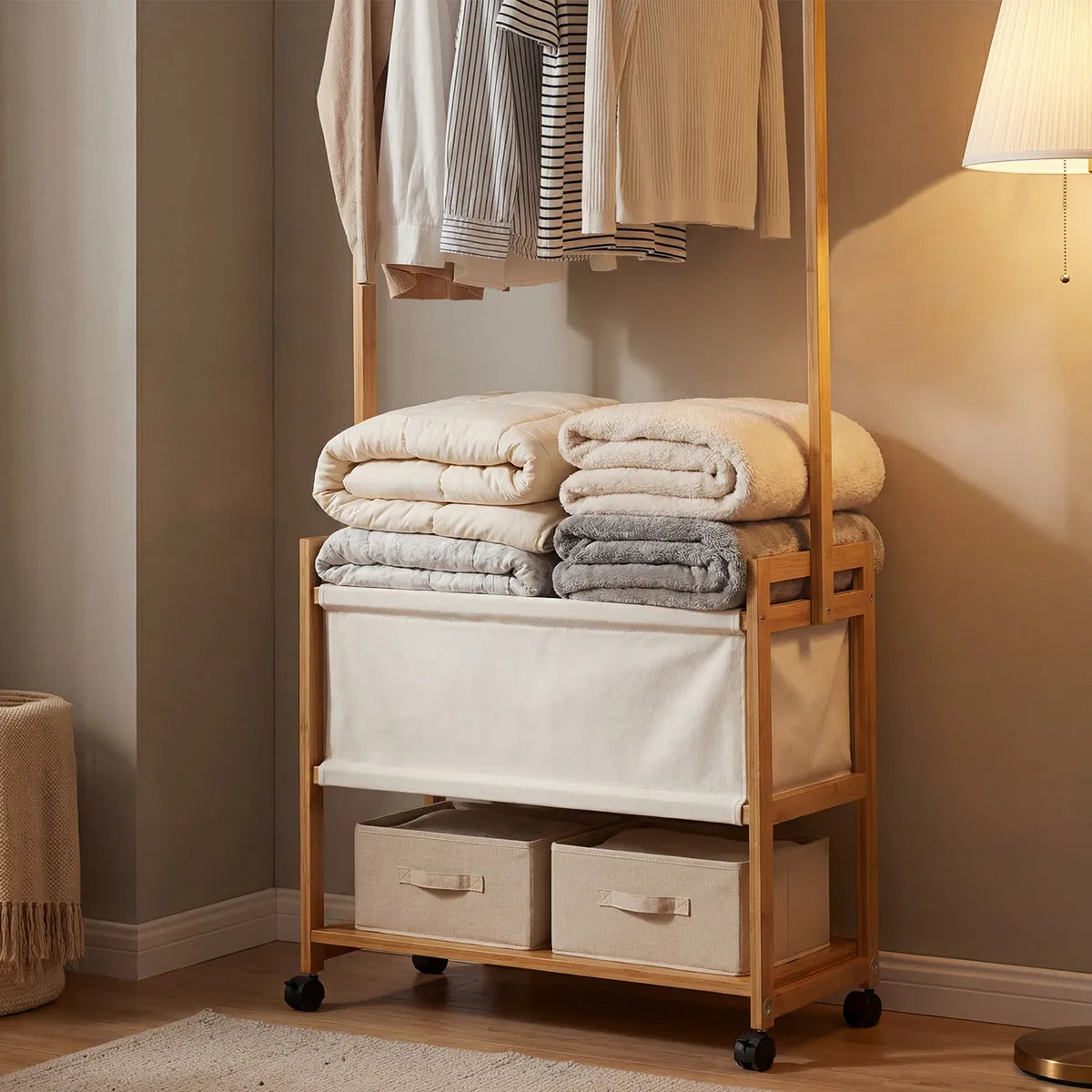 Organizador Perchero Con Rueda Gancho Canasto 70x160cm Madera