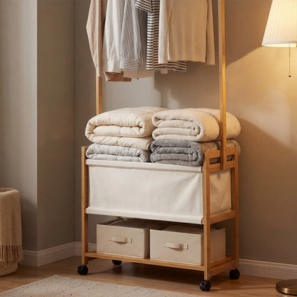 Organizador Perchero Con Rueda Gancho Canasto 70x160cm Madera