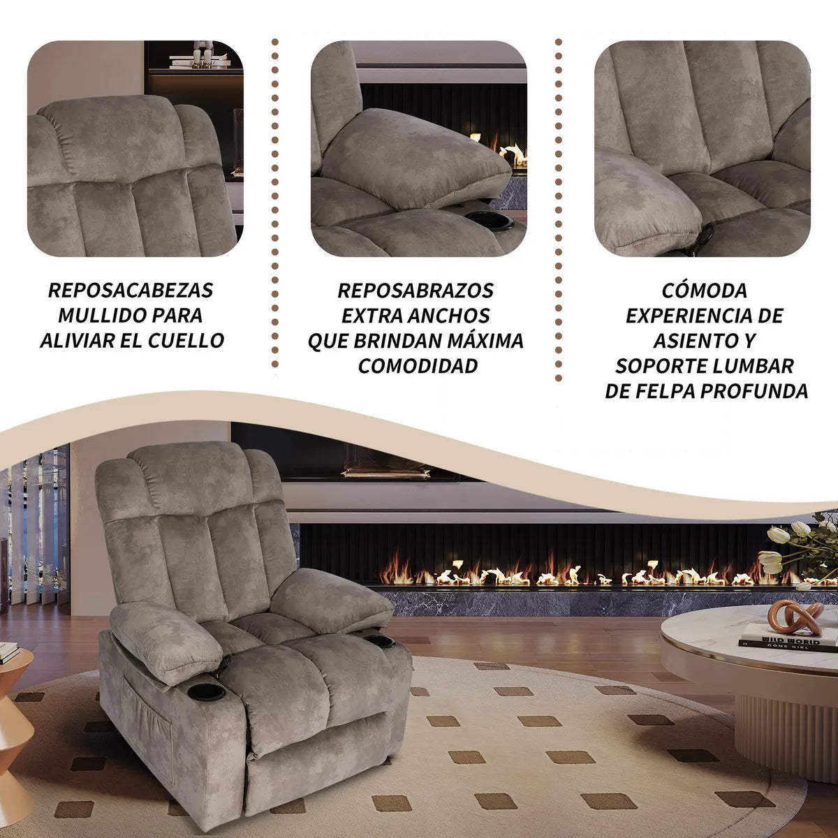 Sillón Bergere Reclinable Mecedor Giro 360 1 cuerpo Telsiai 90x101x164 cm Café