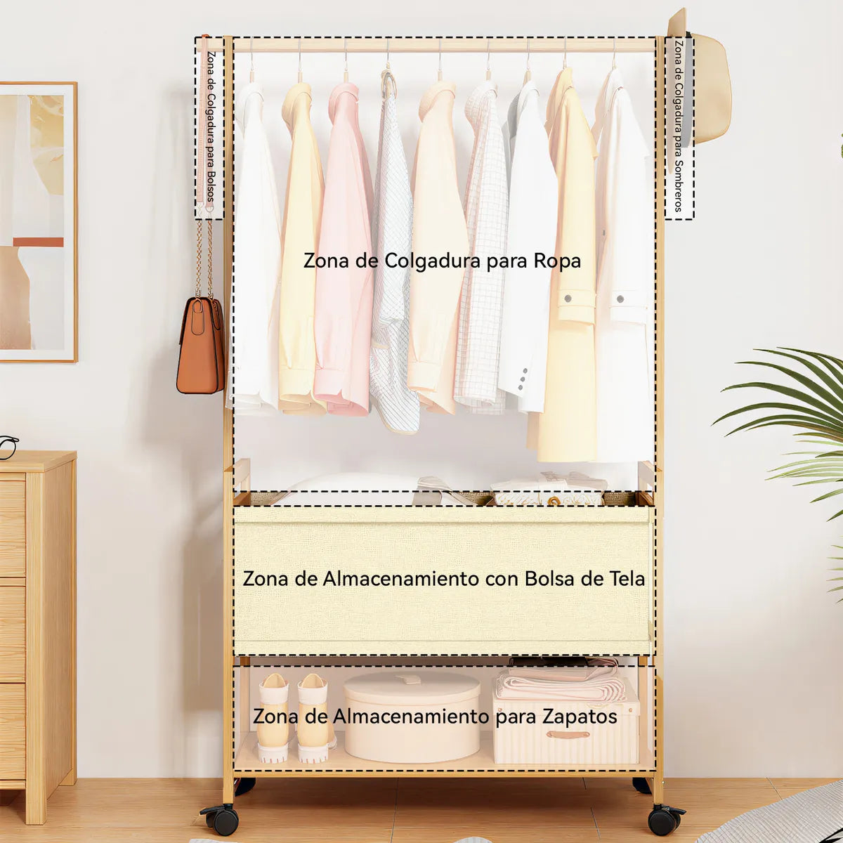 Organizador Perchero Con Rueda Gancho Canasto 70x160cm Madera