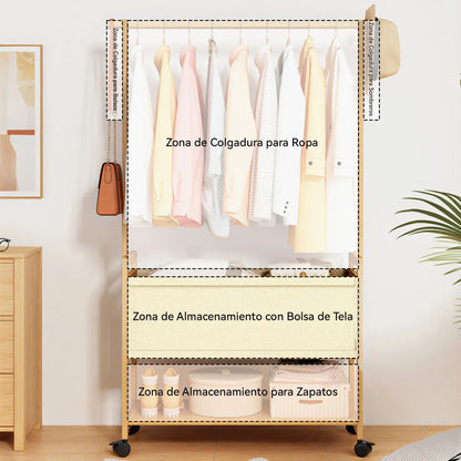 Organizador Perchero Con Rueda Gancho Canasto 70x160cm Madera