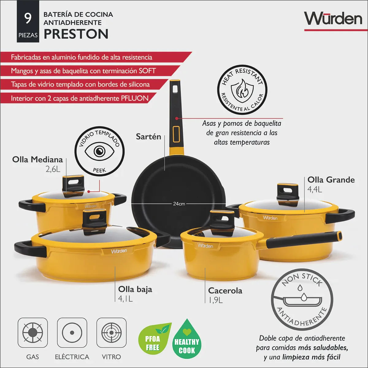 Batería De Cocina Antiadherente Preston 9 Piezas Amarilla Wurden