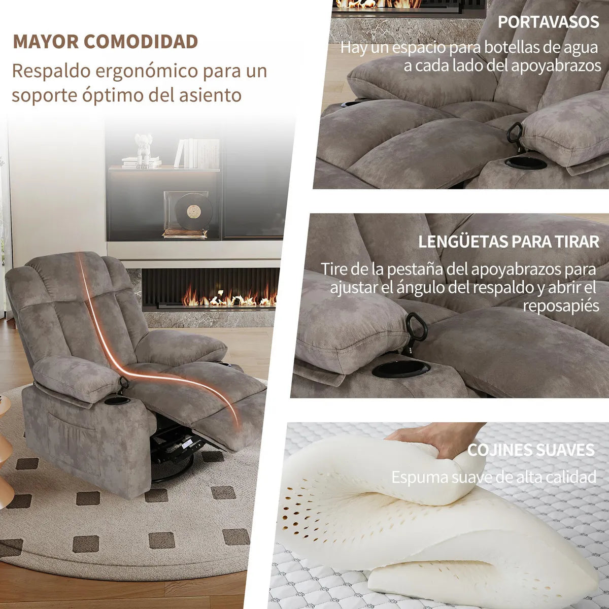 Sillón Bergere Reclinable Mecedor Giro 360 1 cuerpo Telsiai 90x101x164 cm Café