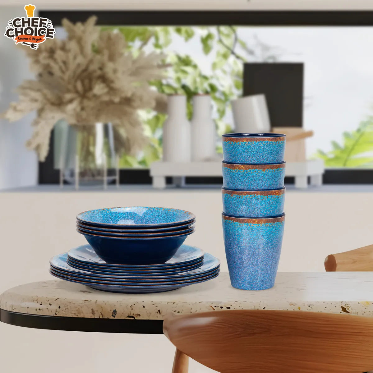 Set 16 Pcs Juego de Vajilla Completo Melamina Color Azul Chef Choice