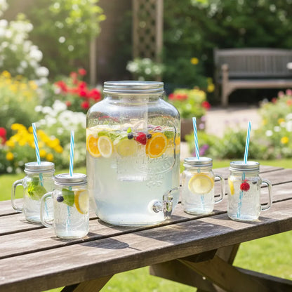 Set Dispensador Agua Mica 8 Litros con 4 Vasos Mason Jars