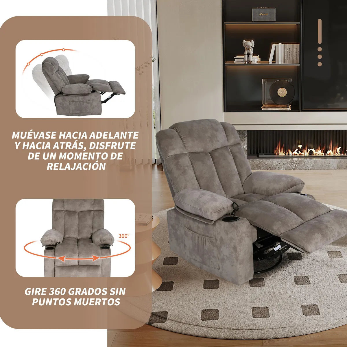 Sillón Bergere Reclinable Mecedor Giro 360 1 cuerpo Telsiai 90x101x164 cm Café