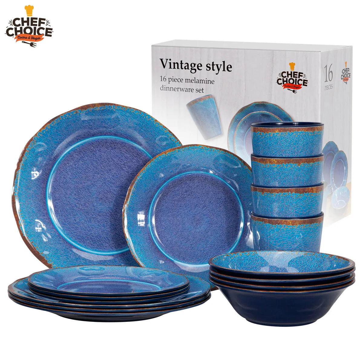 Set 16 Pcs Juego de Vajilla Completo Melamina Color Azul Chef Choice