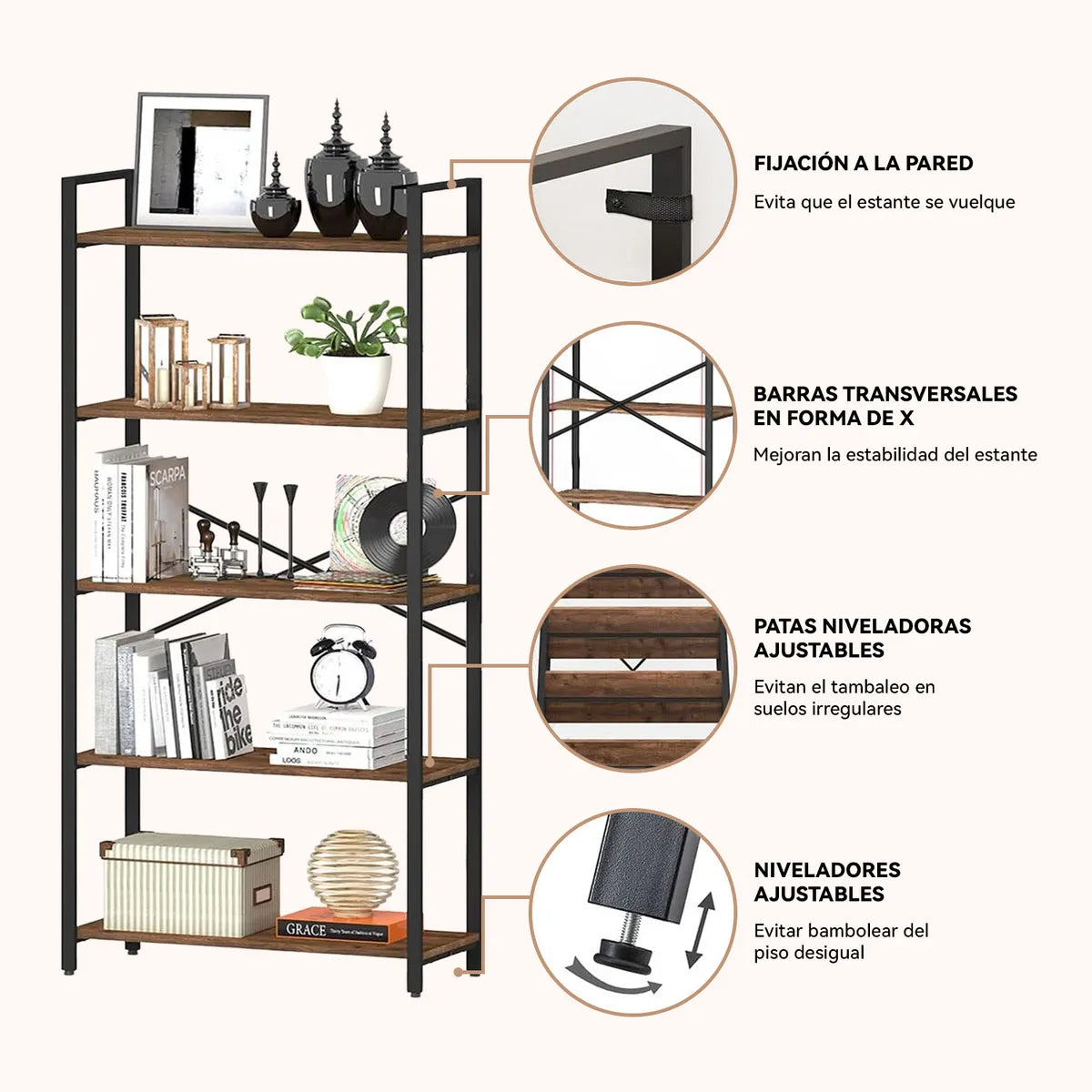 ROHE Estante de 5 Repisas Multiuso 152x72x33cms Marrón